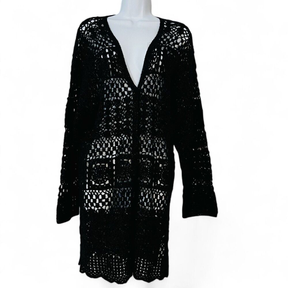 Vintage Liz Sport Cardigan M Silk Black Silver Crocheted by Hand Buttons Long